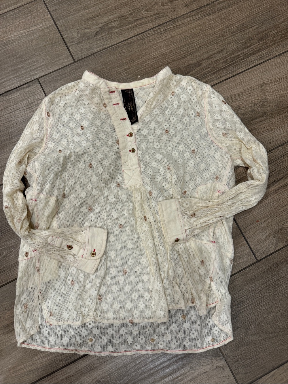 Free People Cream Eyelet Lace Blouse with Pink Embroidery